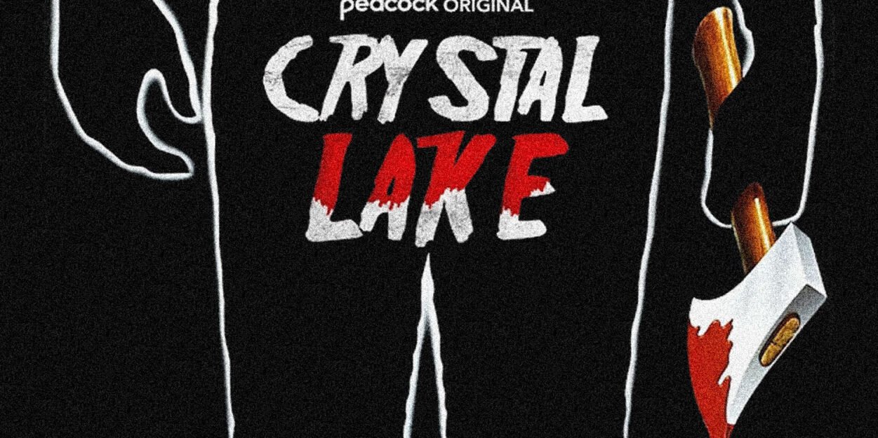 Promotional poster showing a black hoodie with 'CRYSTAL LAKE' text and a red-bladed axe, suggesting a horror film theme.