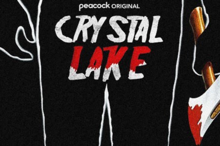 Promotional poster showing a black hoodie with 'CRYSTAL LAKE' text and a red-bladed axe, suggesting a horror film theme.