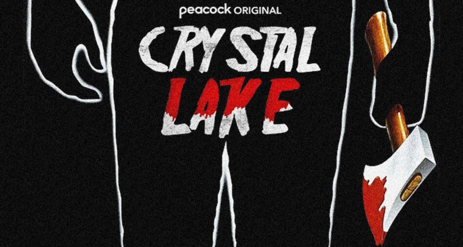 Promotional poster showing a black hoodie with 'CRYSTAL LAKE' text and a red-bladed axe, suggesting a horror film theme.