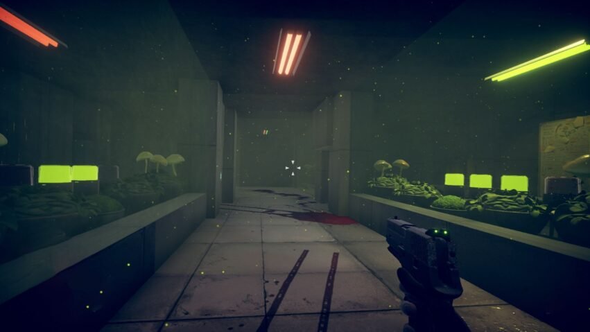 First-person view in a neon-lit sci-fi hallway; player holds a futuristic handgun with plants along the walls and glowing lights.
