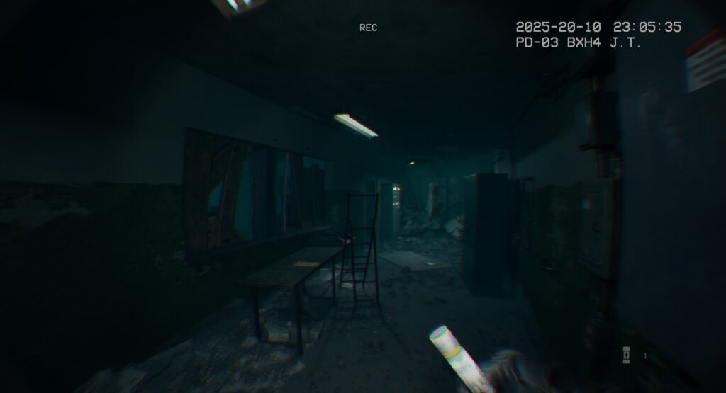 Dim, cluttered basement or industrial room with a table, ladder, and debris under dim fluorescent lights, with a blue-green haze.