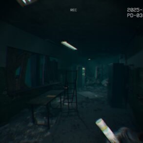 Dim, cluttered basement or industrial room with a table, ladder, and debris under dim fluorescent lights, with a blue-green haze.