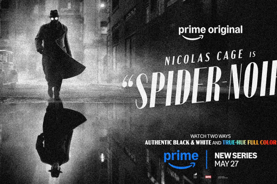 Promotional banner for Prime Video's Spider-Noir starring Nicolas Cage, set in a noir city street with a cloaked figure and glowing eyes.