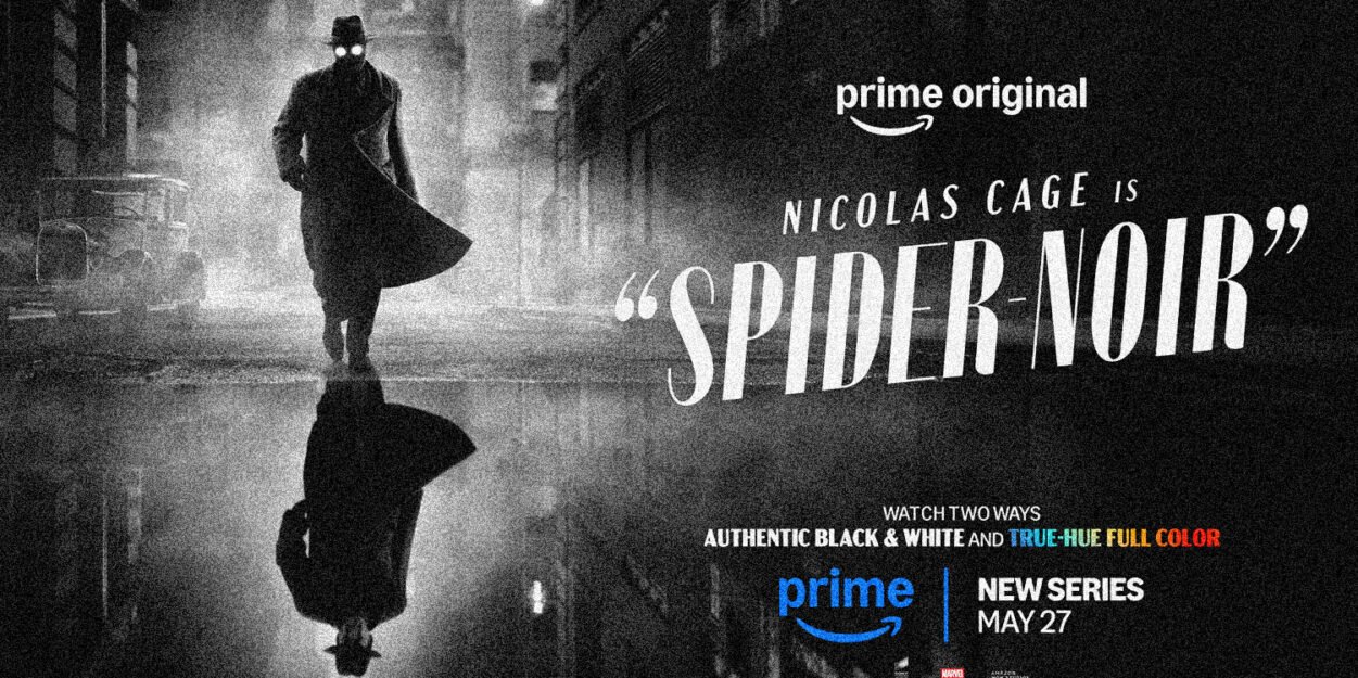 Promotional banner for Prime Video's Spider-Noir starring Nicolas Cage, set in a noir city street with a cloaked figure and glowing eyes.