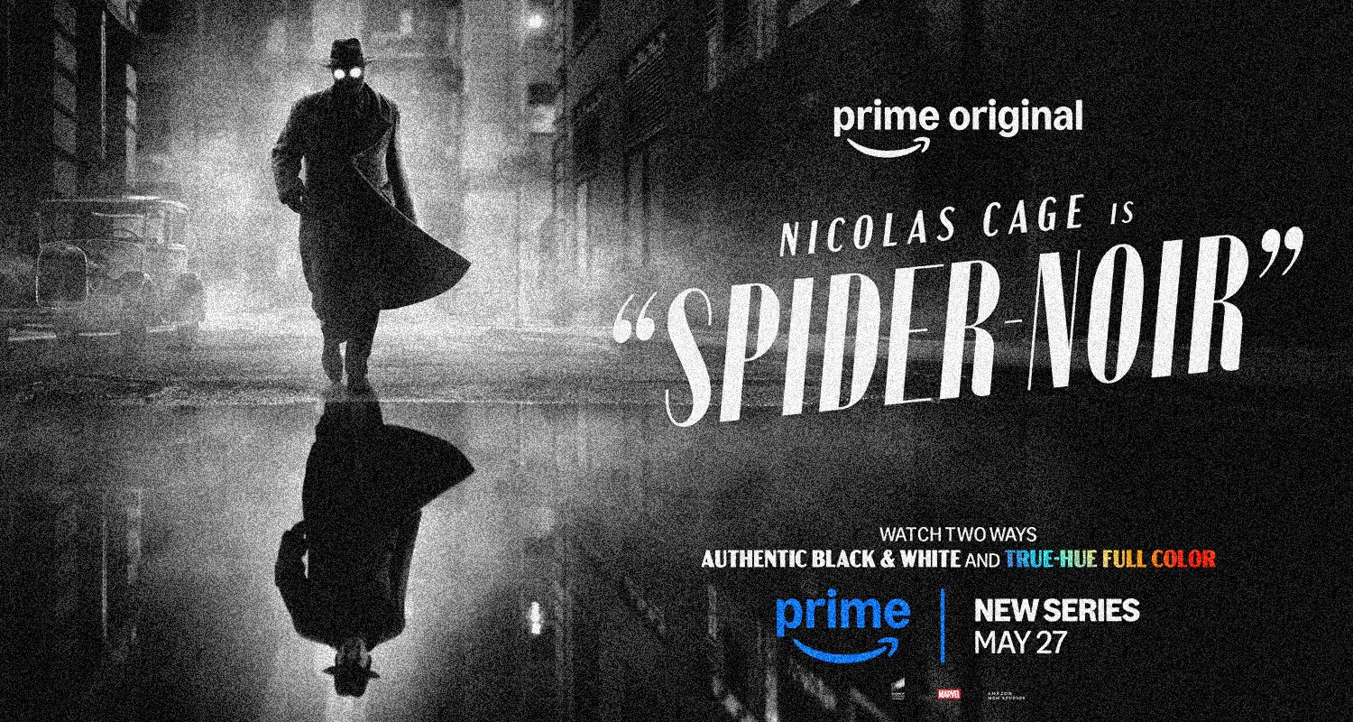 Promotional banner for Prime Video's Spider-Noir starring Nicolas Cage, set in a noir city street with a cloaked figure and glowing eyes.