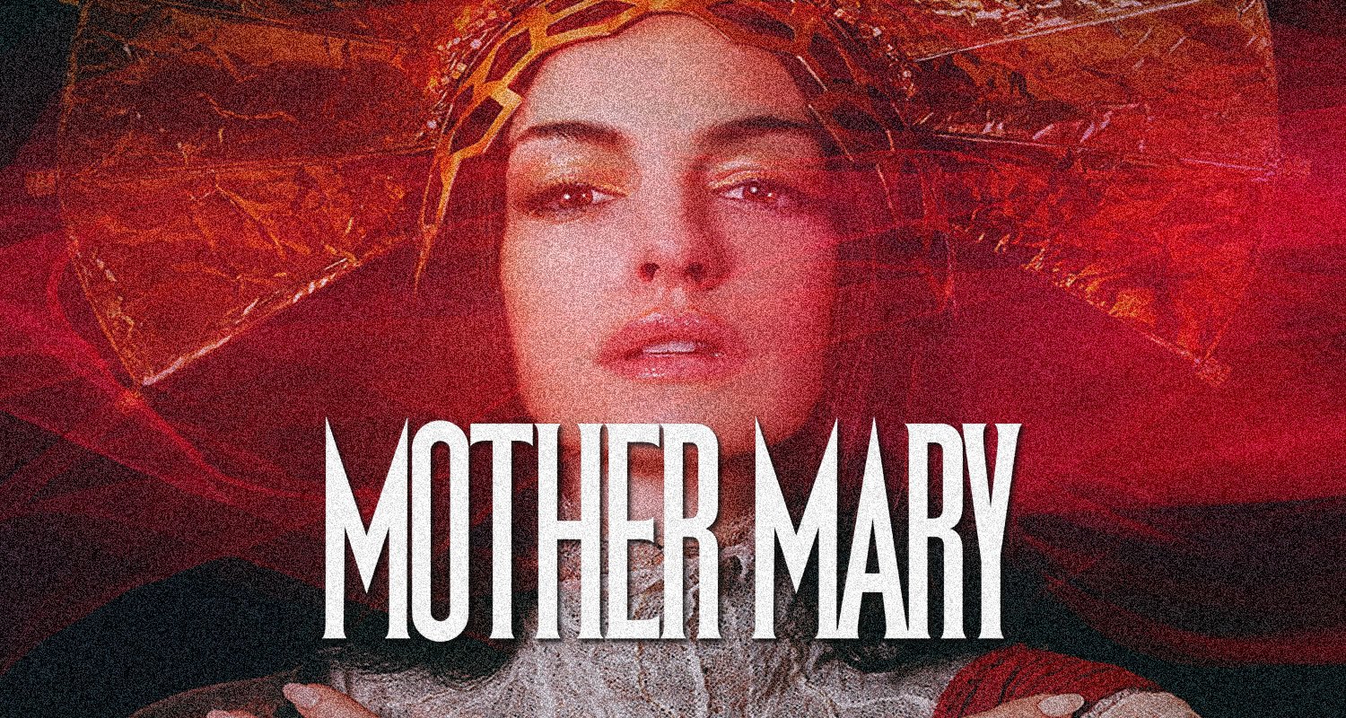 Poster for a film titled Mother Mary featuring a close-up of a woman's face in red tones with a gold headpiece.