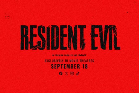 Red promotional poster for Resident Evil with a black distressed title on a solid red background, announcing September 18 in IMAX/theatres and social icons below.