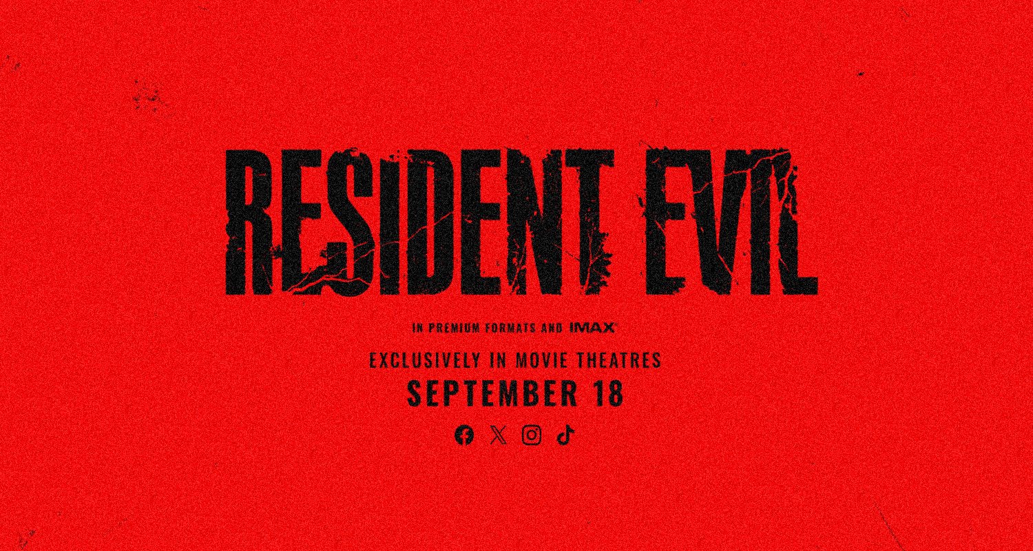 Red promotional poster for Resident Evil with a black distressed title on a solid red background, announcing September 18 in IMAX/theatres and social icons below.