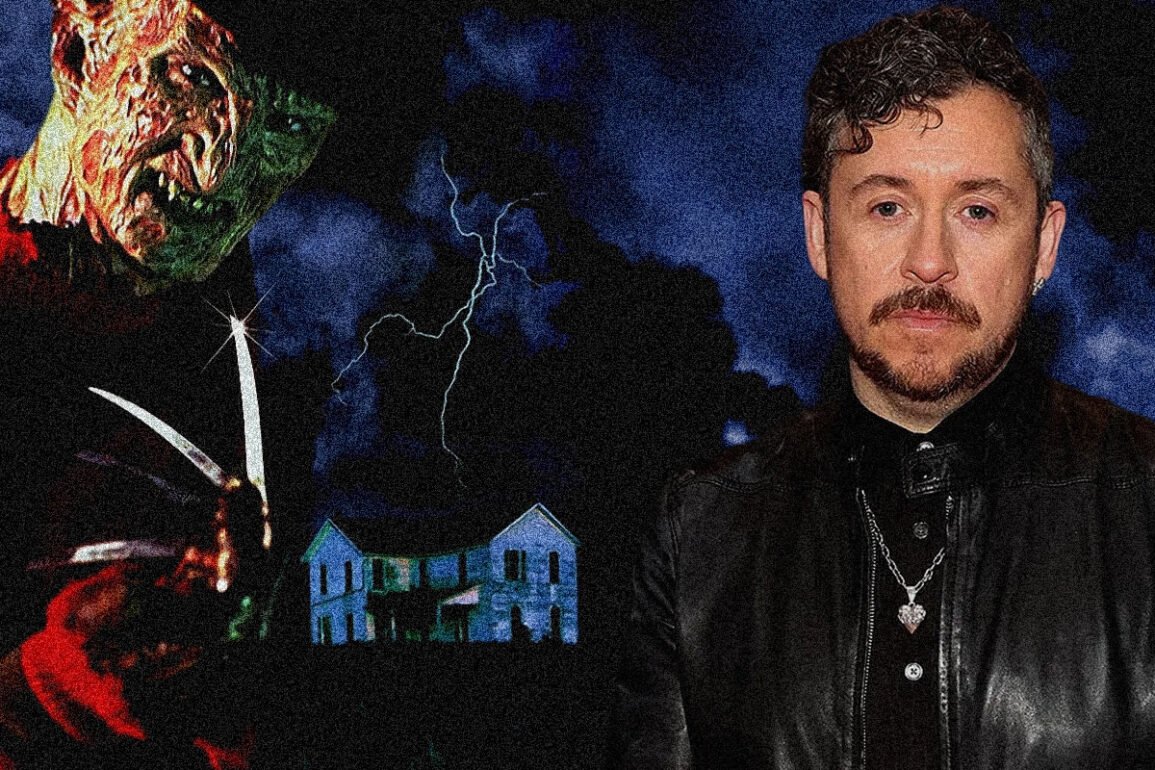 Man in a black leather jacket with a silver heart pendant stands to the right; a grotesque masked figure holding blades lurks on the left under a stormy night sky and a blue house.