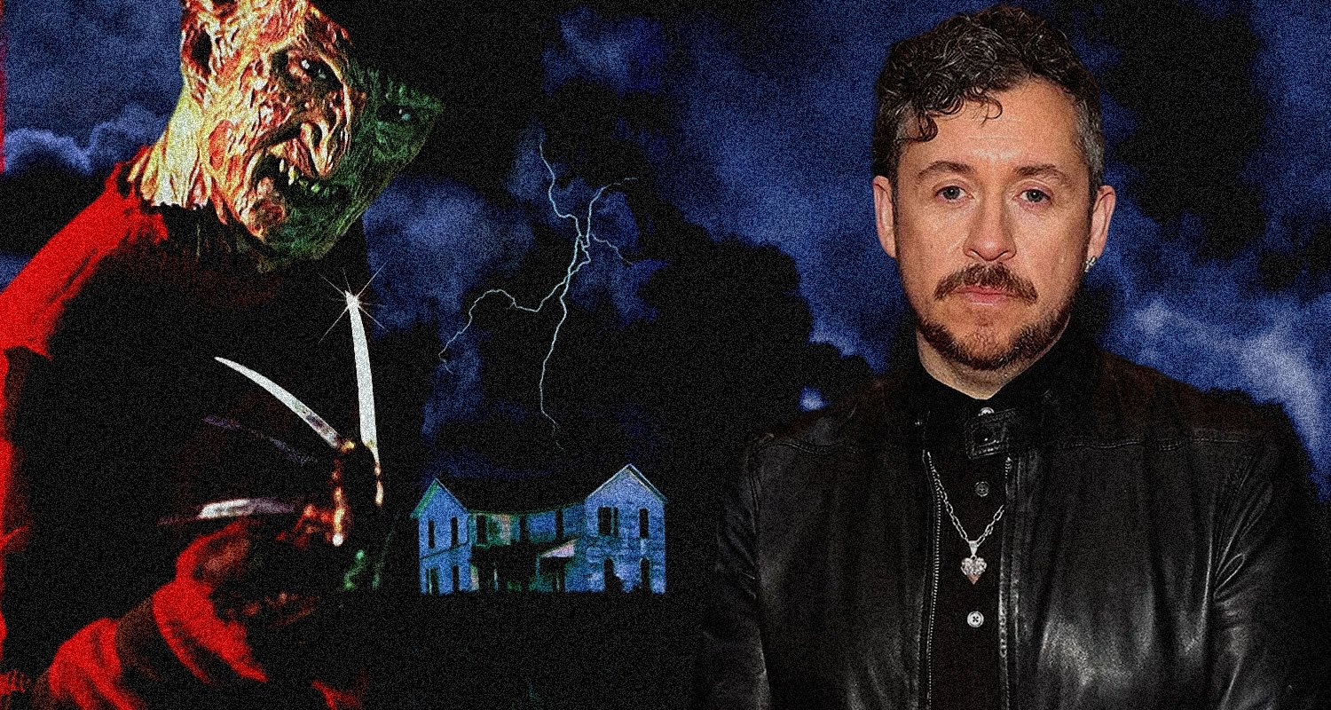 Man in a black leather jacket with a silver heart pendant stands to the right; a grotesque masked figure holding blades lurks on the left under a stormy night sky and a blue house.