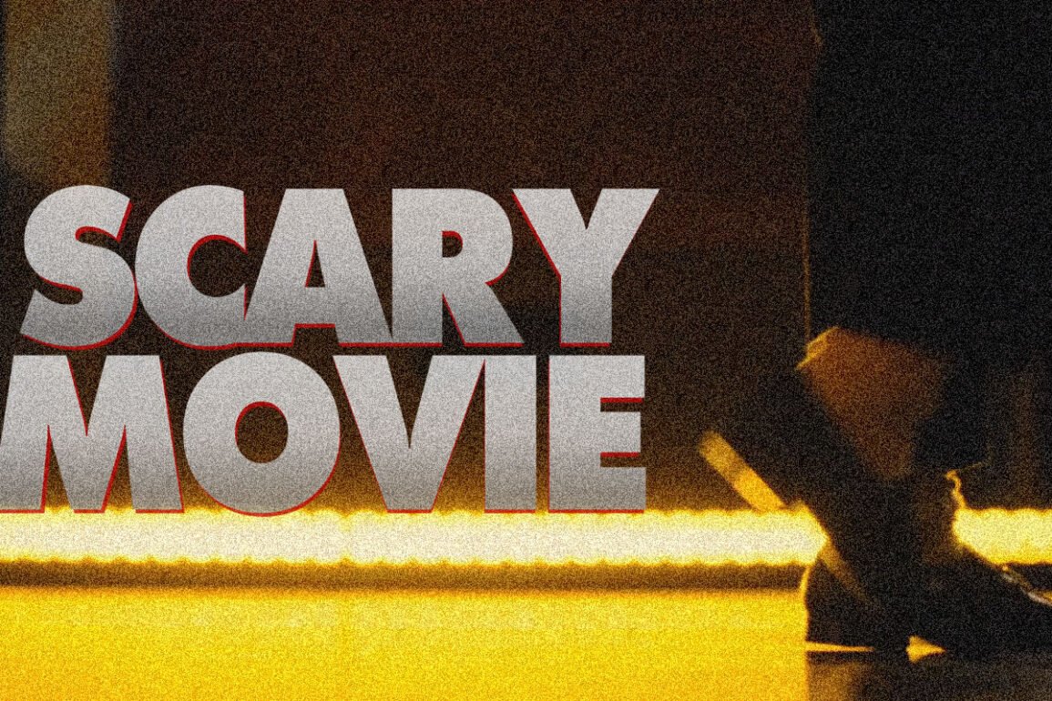 Poster-style image with large gray text 'SCARY MOVIE' across the left, a grainy, yellow-lit background, and a silhouetted figure on the right.