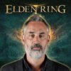 Portrait of a middle-aged man with a gray beard on a dark, fantasy-themed Elden Ring poster with gold logo above him.