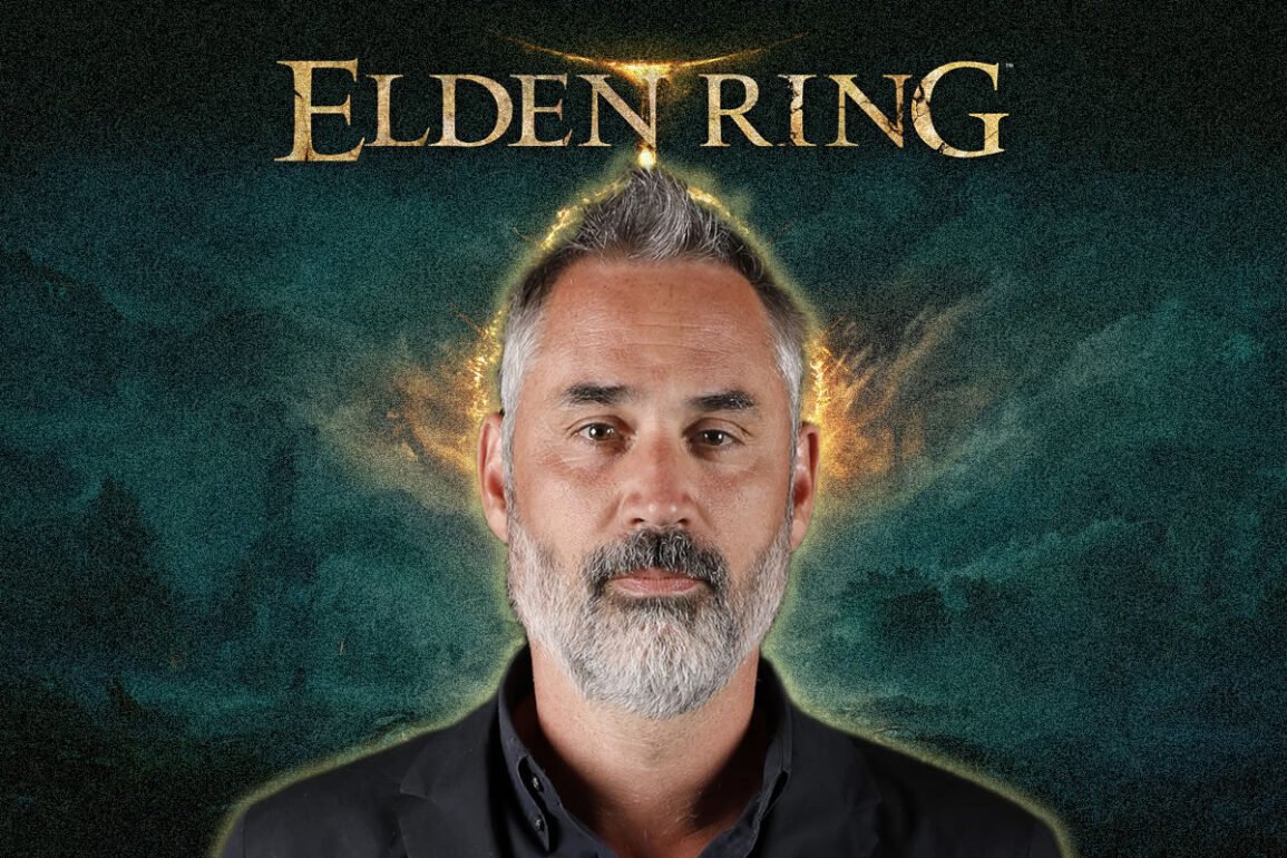Portrait of a middle-aged man with a gray beard on a dark, fantasy-themed Elden Ring poster with gold logo above him.