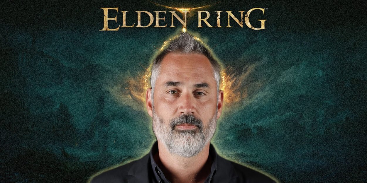 Portrait of a middle-aged man with a gray beard on a dark, fantasy-themed Elden Ring poster with gold logo above him.