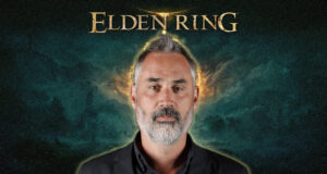 Portrait of a middle-aged man with a gray beard on a dark, fantasy-themed Elden Ring poster with gold logo above him.