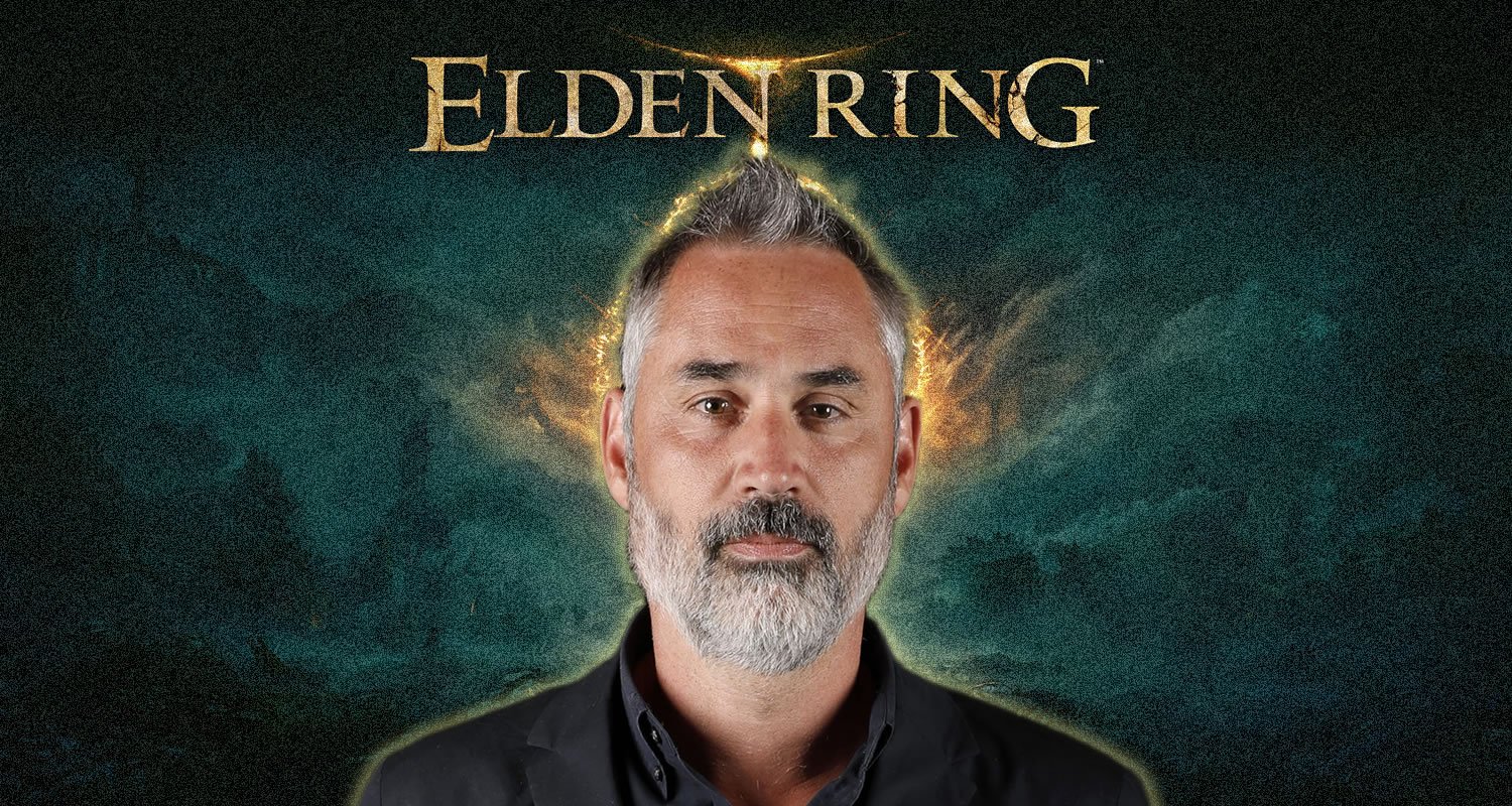 Portrait of a middle-aged man with a gray beard on a dark, fantasy-themed Elden Ring poster with gold logo above him.