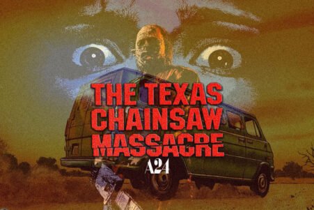 Horror movie poster for The Texas Chainsaw Massacre with a green van and giant looming eyes behind bold red title text.