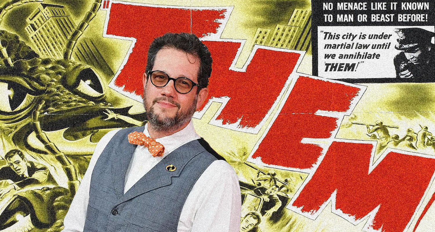 Portrait of a man with glasses and a beard, wearing a gray checked vest and orange bow tie, posed in front of a yellow collage with large red letters in the background.