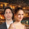 A man in a gray suit and a woman in a pink dress pose in front of a lit luxury house with a pool and falling leaves nearby.