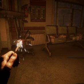 First-person view of a hand holding a lit sparkler in a dim, abandoned hospital ward with old chairs and medical equipment in the background.