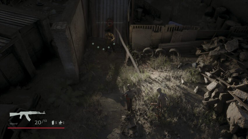 Dark urban alley battle scene from a top-down shooter; player’s weapon HUD visible bottom-left shows 20/52 ammo and health bar, with two hostile figures near a doorway amid debris and overgrowth.