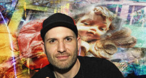 Man wearing a black cap and dark shirt posing in front of a vibrant graffiti mural featuring a large sleeping cherub image.