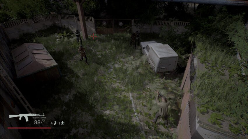 Top-down view of a squad of soldiers in an overgrown outdoor yard with a white van, rusty fence, and a red crosshair centered in the scene.