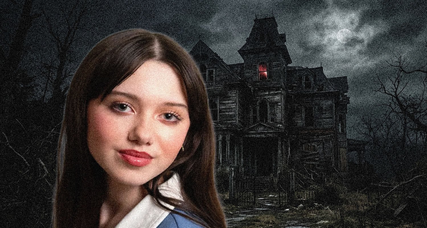 Portrait of a young woman with long brown hair in the foreground, a dilapidated haunted house looming in the background at night.