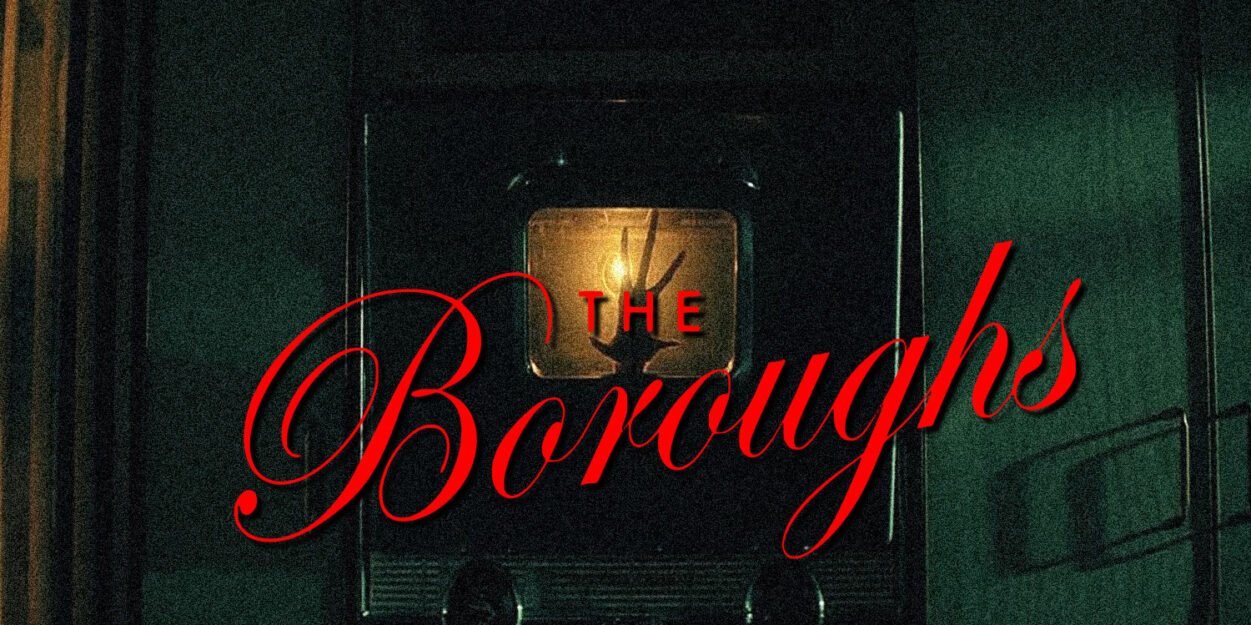 Poster artwork for The Boroughs, with bold red cursive text over a dim, vintage TV in a dark setting.