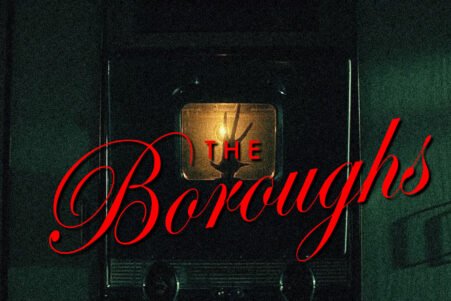 Poster artwork for The Boroughs, with bold red cursive text over a dim, vintage TV in a dark setting.