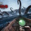 Boat prow faces a sea monster attack with giant tentacles emerging from dark waters, compass in foreground and 'OPEN WATERS' text.