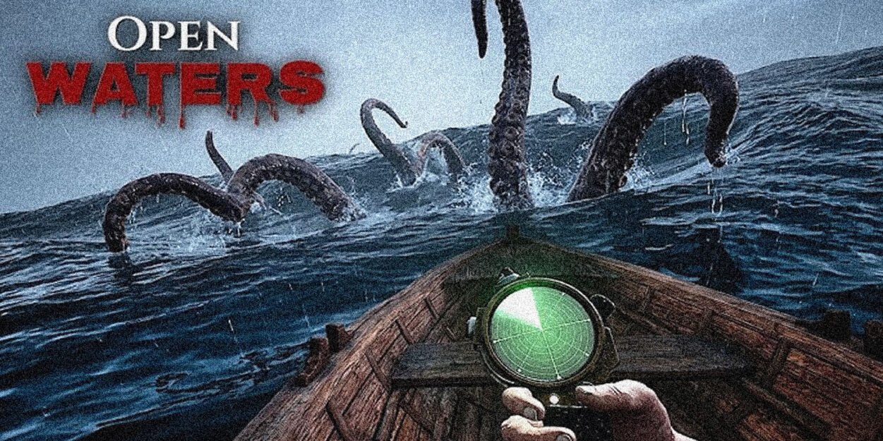 Boat prow faces a sea monster attack with giant tentacles emerging from dark waters, compass in foreground and 'OPEN WATERS' text.
