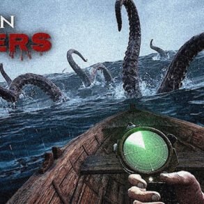 Boat prow faces a sea monster attack with giant tentacles emerging from dark waters, compass in foreground and 'OPEN WATERS' text.
