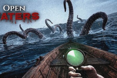 Boat prow faces a sea monster attack with giant tentacles emerging from dark waters, compass in foreground and 'OPEN WATERS' text.