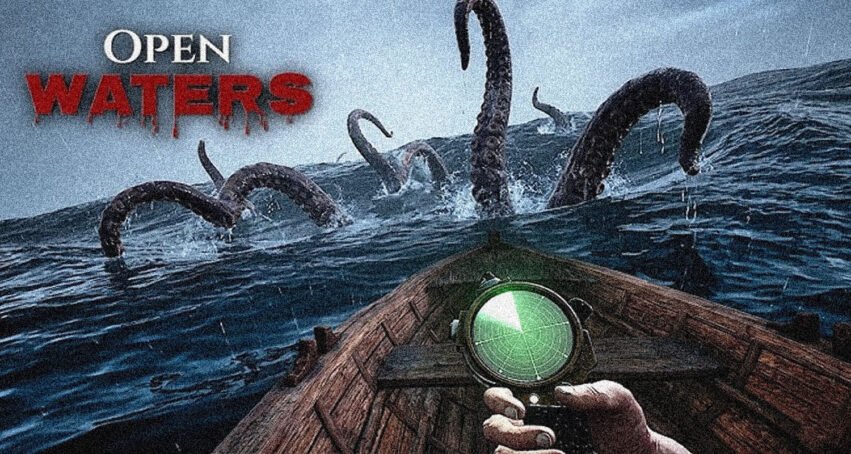 Boat prow faces a sea monster attack with giant tentacles emerging from dark waters, compass in foreground and 'OPEN WATERS' text.