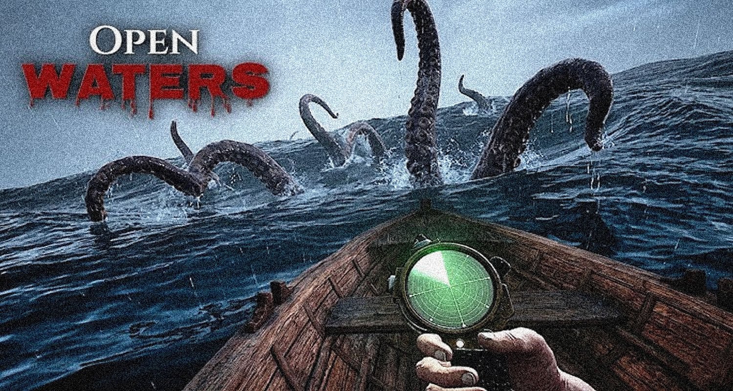 Boat prow faces a sea monster attack with giant tentacles emerging from dark waters, compass in foreground and 'OPEN WATERS' text.