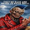 Undead skull with blue mohawk in a red leather jacket, in a moonlit graveyard, flashing a middle finger gesture we see in the image at night.
