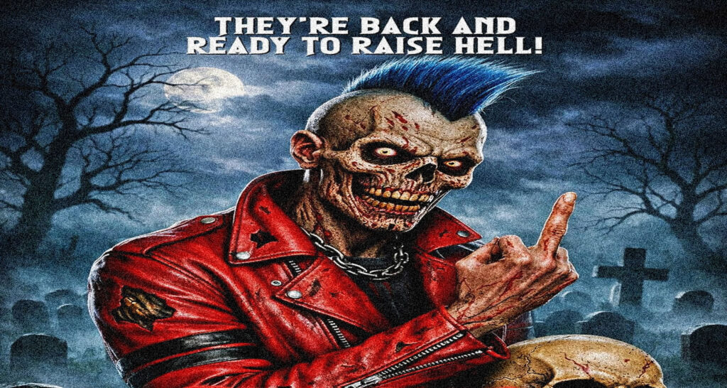 Undead skull with blue mohawk in a red leather jacket, in a moonlit graveyard, flashing a middle finger gesture we see in the image at night.