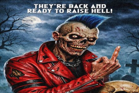 Undead skull with blue mohawk in a red leather jacket, in a moonlit graveyard, flashing a middle finger gesture we see in the image at night.