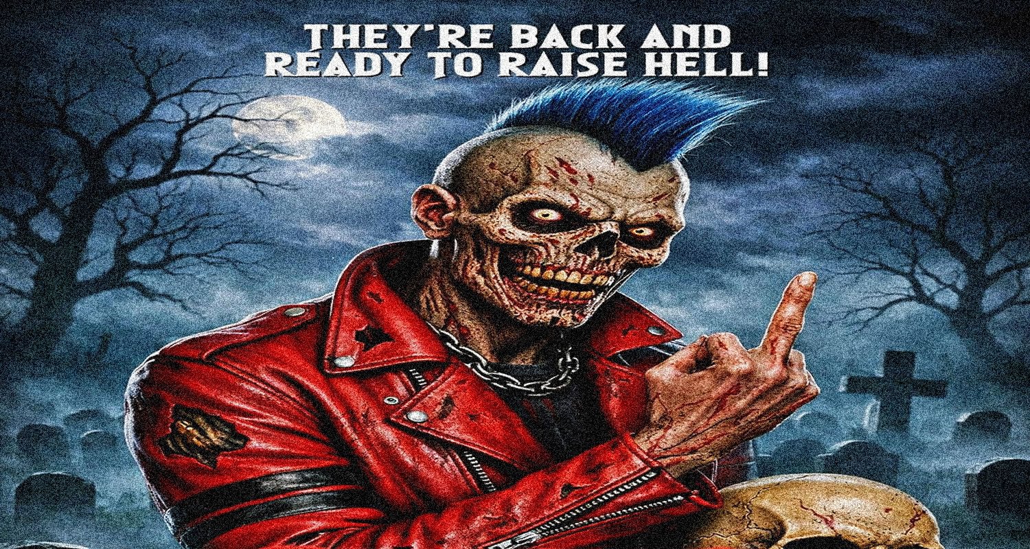 Undead skull with blue mohawk in a red leather jacket, in a moonlit graveyard, flashing a middle finger gesture we see in the image at night.