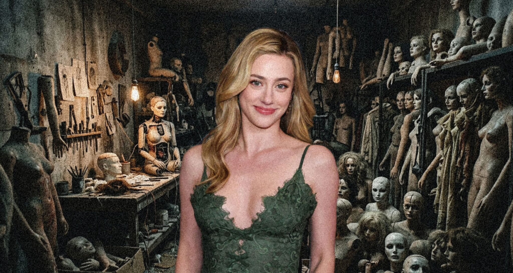 Woman in a green lace dress posing in a dim, cluttered workshop filled with mannequin torsos and heads under hanging bulbs.