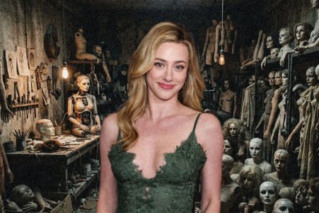 Woman in a green lace dress posing in a dim, cluttered workshop filled with mannequin torsos and heads under hanging bulbs.