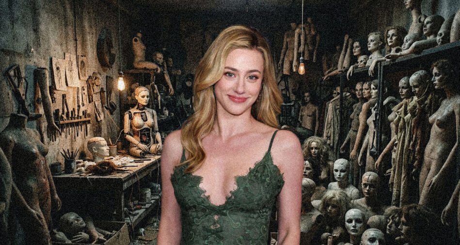 Woman in a green lace dress posing in a dim, cluttered workshop filled with mannequin torsos and heads under hanging bulbs.