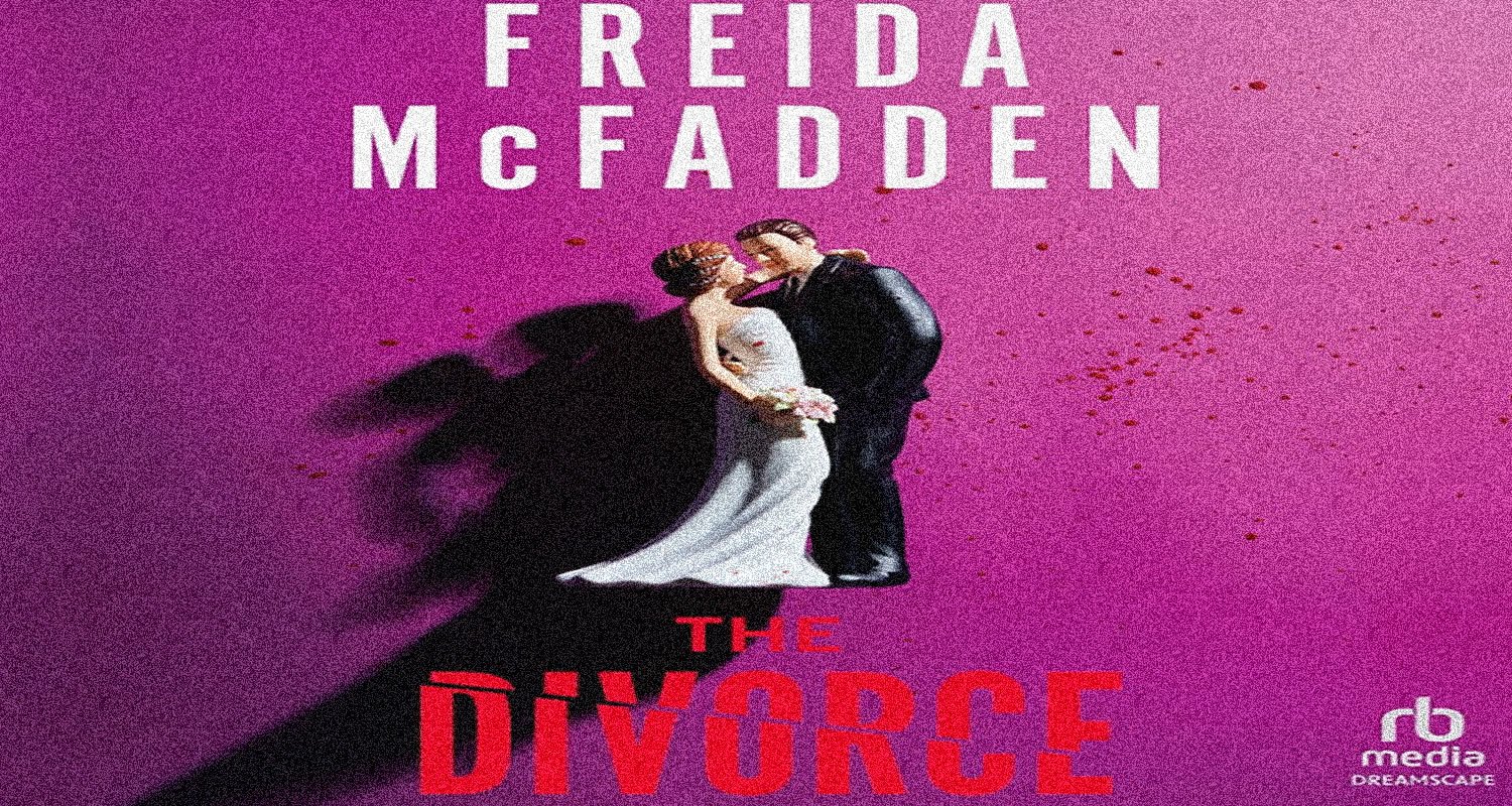 Poster for The Divorce: a couple kissing on a magenta-purple background, Freida McFadden name at the top, bold title below.