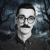 Portrait of a man with round glasses and a mustache, set against a dark, spooky forest with glowing red eyes in the trees.