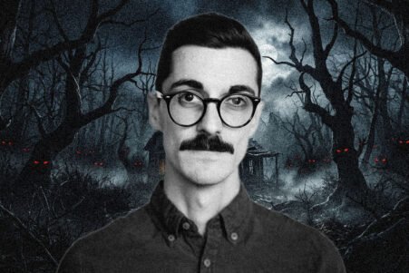 Portrait of a man with round glasses and a mustache, set against a dark, spooky forest with glowing red eyes in the trees.