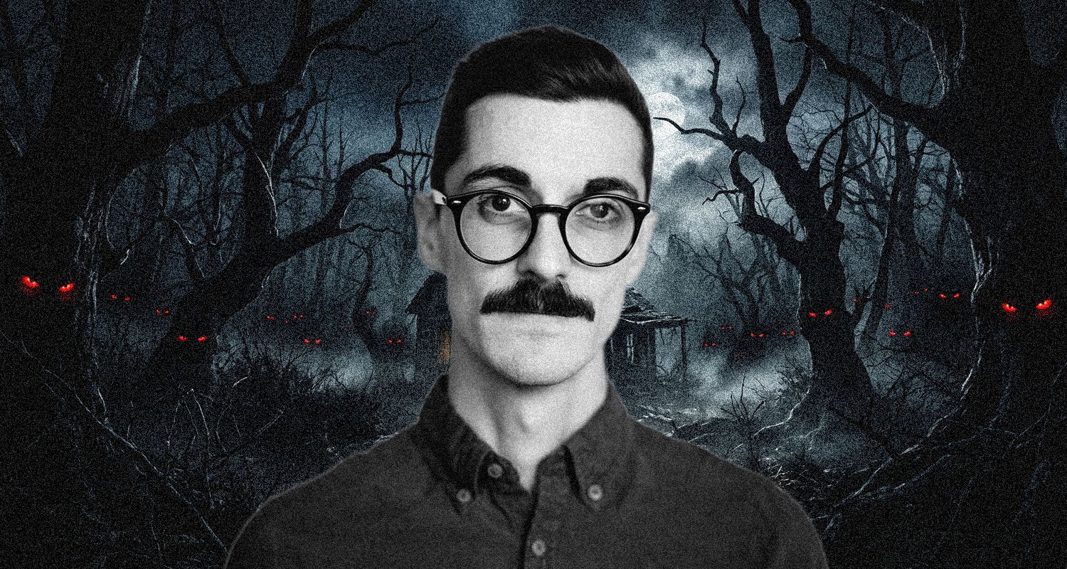 Portrait of a man with round glasses and a mustache, set against a dark, spooky forest with glowing red eyes in the trees.