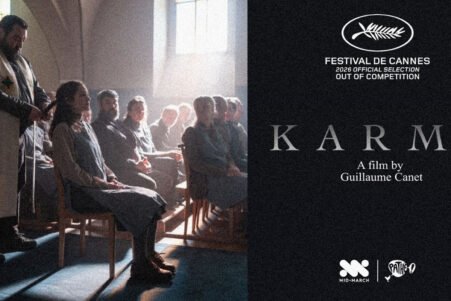 Left shows a bearded man standing beside a seated audience in a sunlit church-like room; right is a dark poster for the film Karma by Guillaume Canet with Cannes 2026 official selection text and logos.