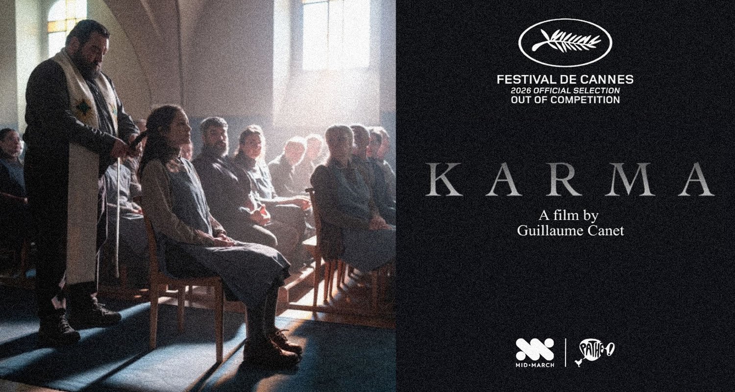 Left shows a bearded man standing beside a seated audience in a sunlit church-like room; right is a dark poster for the film Karma by Guillaume Canet with Cannes 2026 official selection text and logos.