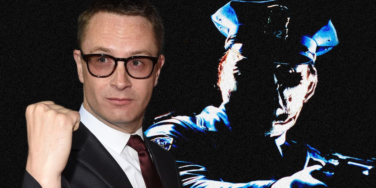Man in a dark suit and glasses with a raised fist next to a large blue-toned graphic of a police officer